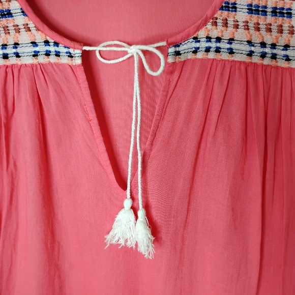 J. McLaughlin Embroidered Tassel Tunic Top XS Coral Pink Beachy Casual - Picture 6 of 10